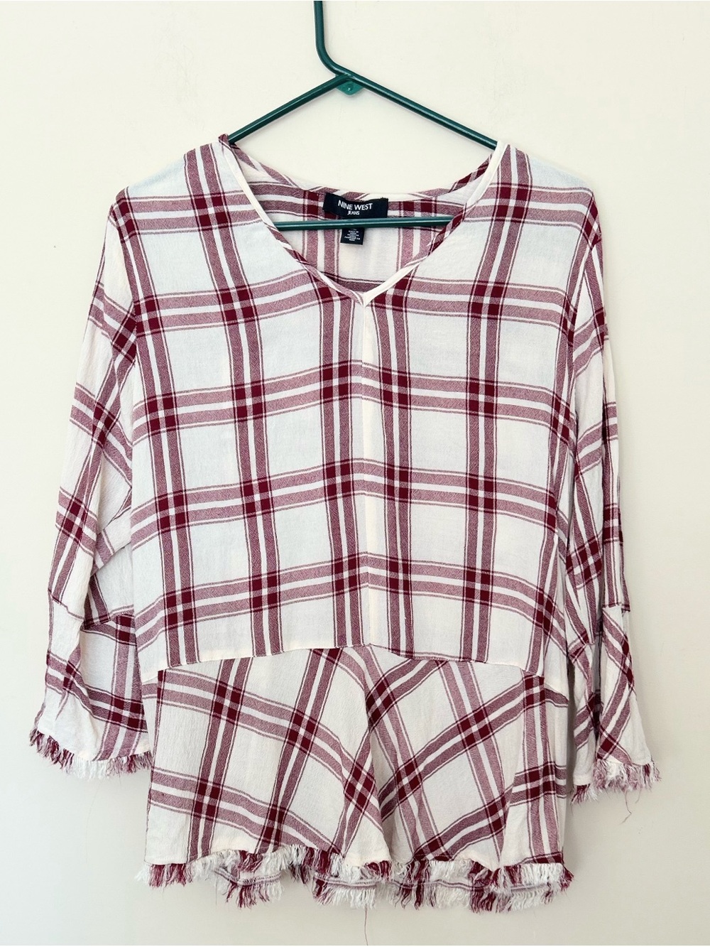 Nine West White and Burgundy Plaid Peplum Tunic